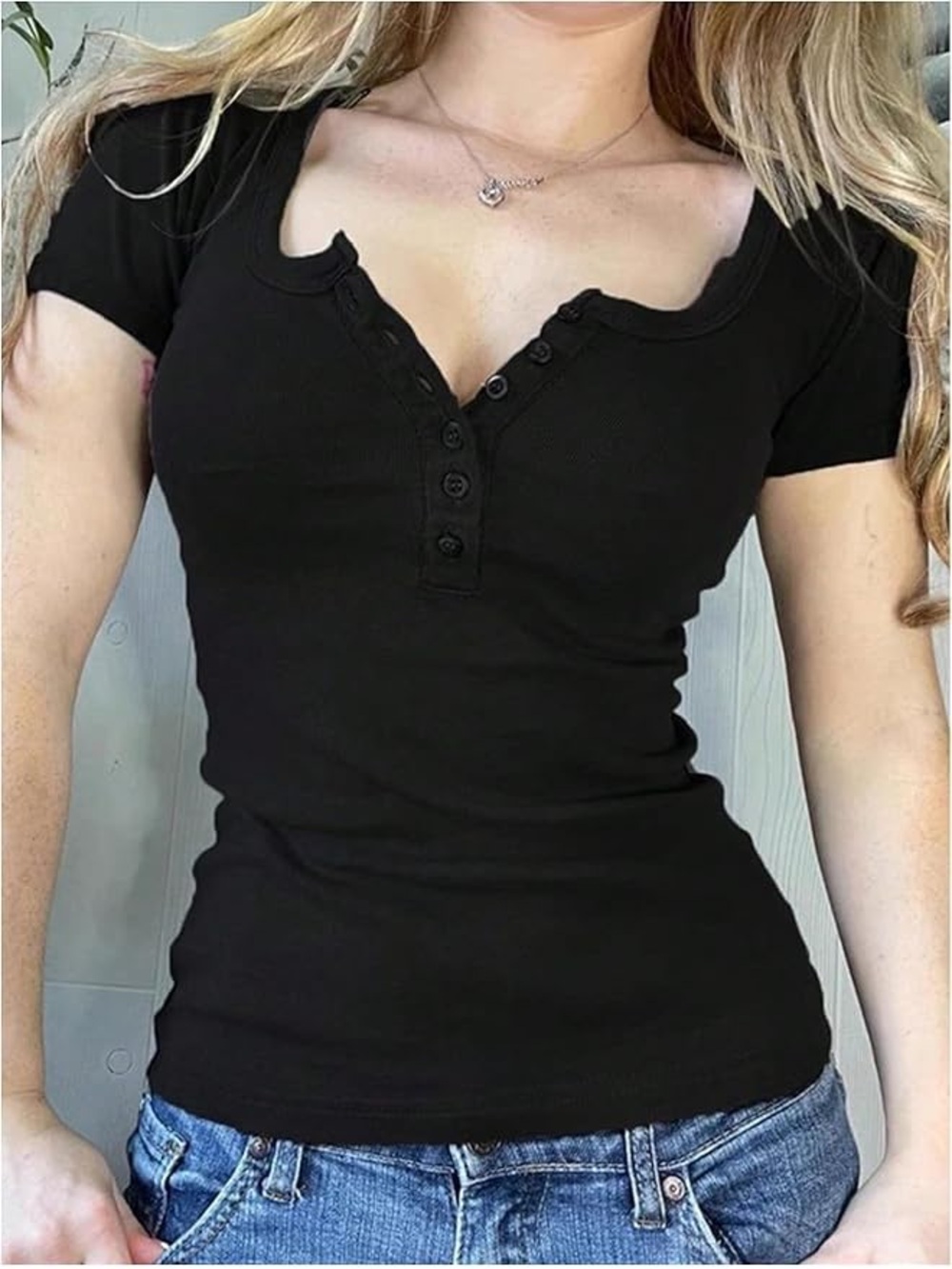 Women’s Black and White Button-Front Ribbed Short Sleeve Tops